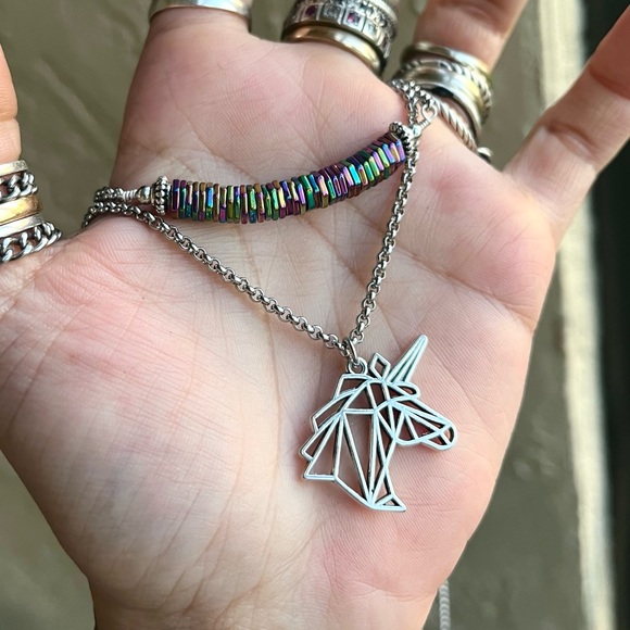 Double layer unicorn rainbow stones stainless steel adjustable choker necklace - Picture 10 of 13